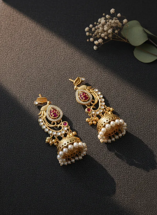 Ruby_And_Gold_Traditional_Plated_Peacock_Jhumka_Earrings_With_Pearls_Stones_For_Women