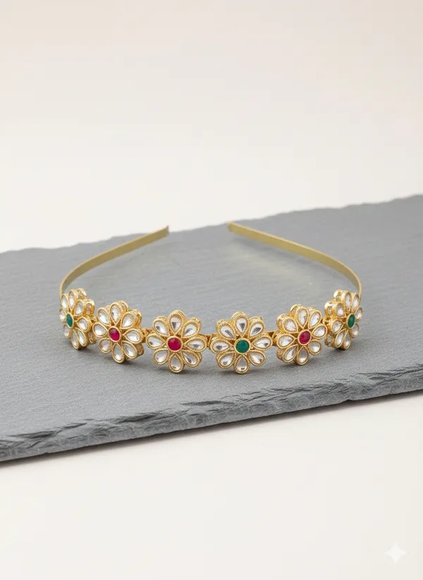 Red_And_Green_Gold_Traditional_Plated_Kundan_Floral_Headband_With_Stone_Accents_For_Women