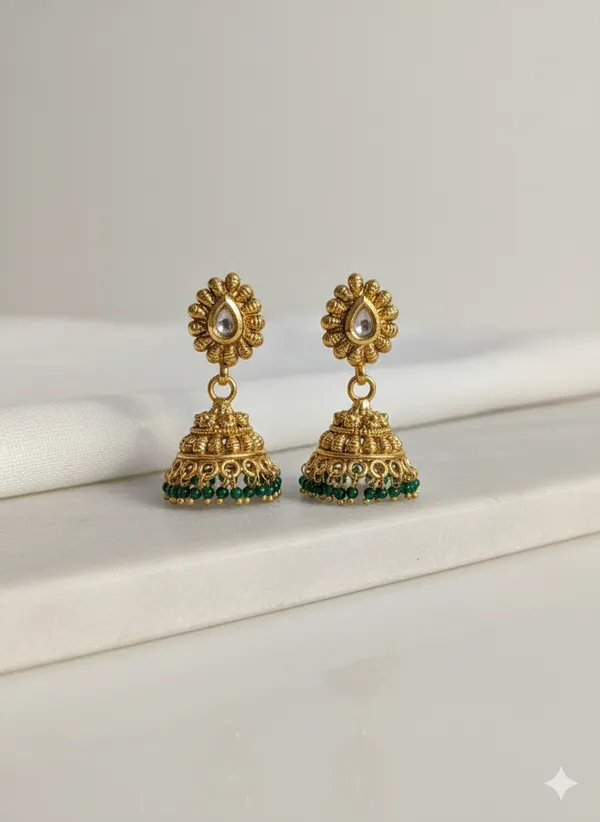 Green_And_Gold_Traditional_Toned_Kundan_Jhumka_Earrings_With_Beads_For_Women