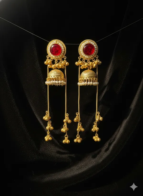 Red_And_Gold_Traditional_Toned_Stone_Jhumka_Earrings_With_Long_Chain_Danglers_For_Women