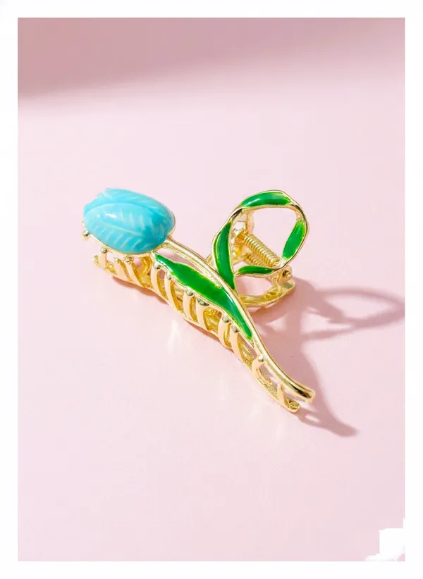 Turquoise_And_Green_Vintage_Gold_Tone_Hair_Claw_Clip_With_Stone_Enamel_For_Women