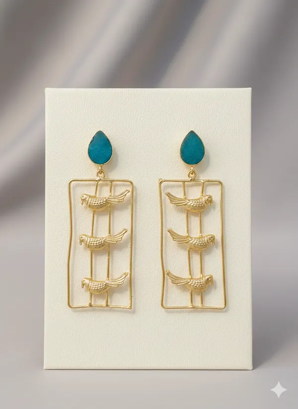 Turquoise_And_Gold_Golden_Rectangular_Dangle_Earrings_With_Stone_Bird_Motif_For_Women