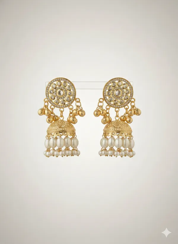 Gold_And_White_Elegant_Golden_Pearl_Jhumka_Earrings_With_Kundan_Work_For_Women