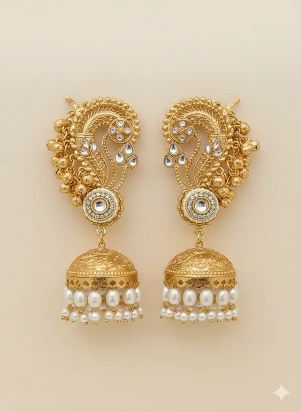 Gold_And_White_Traditional_Toned_Peacock_Jhumka_Earrings_With_Pearls_Kundan_Work_For_Women