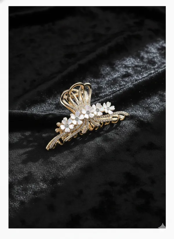 Gold_And_Green_White_Elegant_Toned_Floral_Hair_Claw_Clip_With_Pearl_Stone_Accents_For_Women