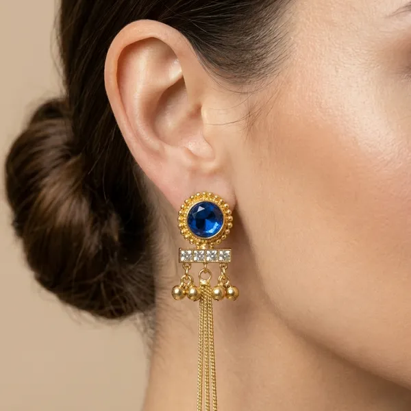 Blue_And_Gold_Stone_Toned_Long_Chain_Tassel_Earrings_For_Women