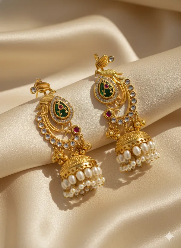 Green_And_Pink_Gold_Traditional_Plated_Peacock_Jhumka_Earrings_With_Stone_Work_For_Women