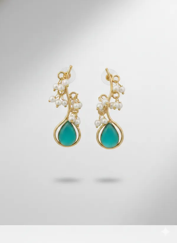 Turquoise_And_Gold_Drop_Earrings_With_Pearl_Cluster_Finish_For_Women