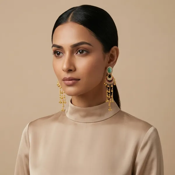 Green_And_Gold_Elegant_Turkish_Style_Dangling_Earrings_With_Stone_Golden_Bells_For_Women