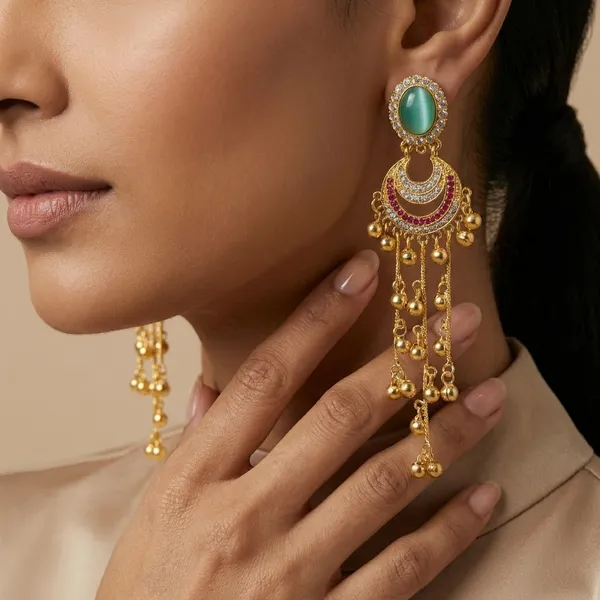 Green_And_Gold_Elegant_Turkish_Style_Dangling_Earrings_With_Stone_Golden_Bells_For_Women