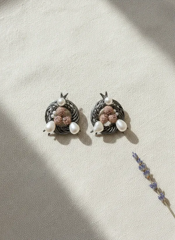 Silver_And_Rose_Gold_Elegant_Oxidized_Floral_Earrings_With_Pearls_Accents_For_Women