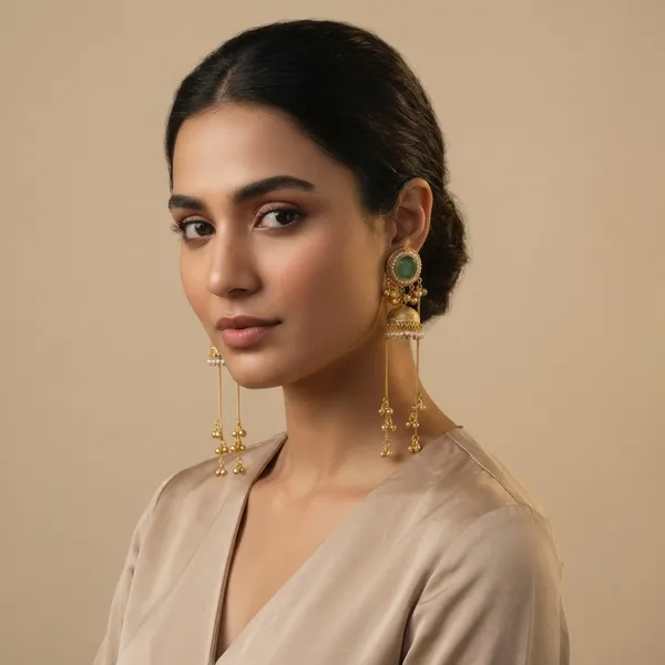 Green_And_Gold_Traditional_Toned_Jhumka_Earrings_With_Stone_Dangling_Chains_For_Women