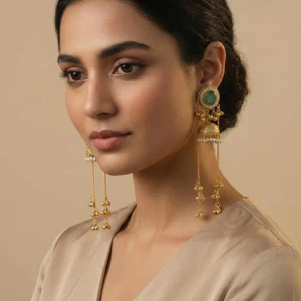 Green_And_Gold_Traditional_Toned_Jhumka_Earrings_With_Stone_Dangling_Chains_For_Women