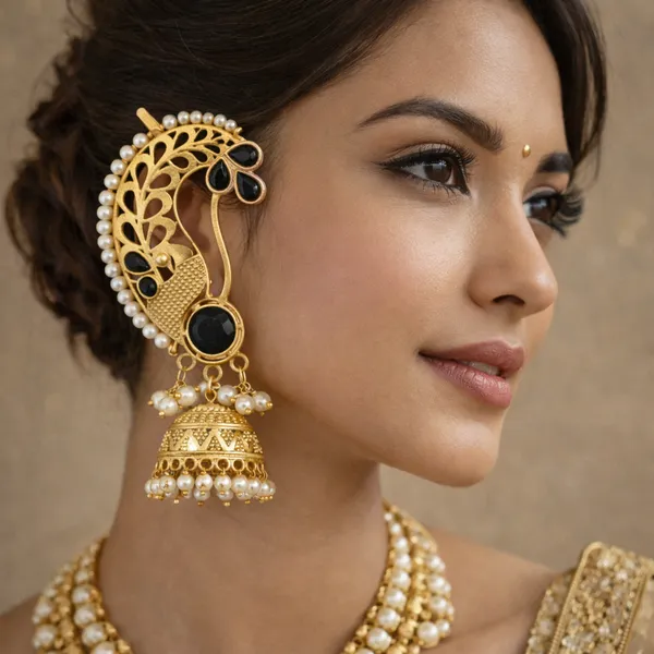Black_And_Gold_Traditional_Peacock_Design_Plated_Jhumka_Earrings_With_Pearl_Drops_Stone_Accents_For_Women