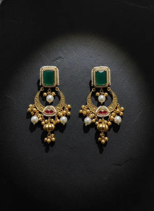Green_And_Gold_Elegant_Stone_Chandbali_Earrings_With_Pearl_Drops_For_Women
