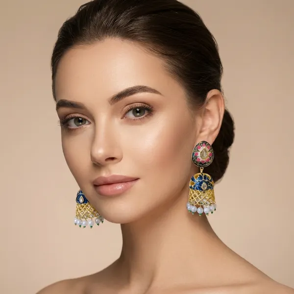 Gold_And_White_Traditional_Toned_Meenakari_Jhumka_Earrings_With_Pearl_Danglers_For_Women
