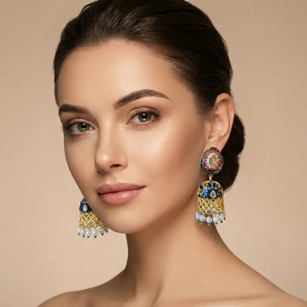 Gold_And_White_Traditional_Toned_Meenakari_Jhumka_Earrings_With_Pearl_Danglers_For_Women