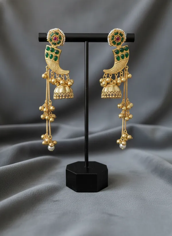 Green_And_Gold_Traditional_Toned_Stone_Jhumka_Earrings_With_Long_Pearl_Chain_Danglers_For_Women
