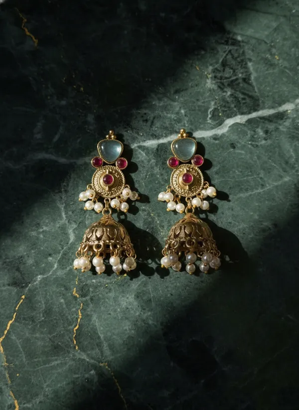 Blue_And_Gold_Traditional_Toned_Jhumka_Earrings_With_Stone_Pearl_Drops_For_Women
