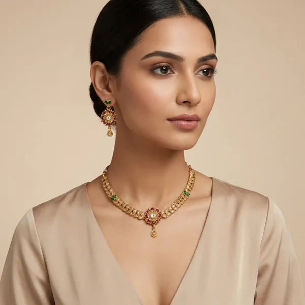 Gold_Traditional_Toned_Necklace_Set_With_Floral_Pendant_And_Matching_Earrings_For_Women