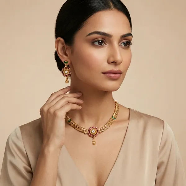 Gold_Traditional_Toned_Necklace_Set_With_Floral_Pendant_And_Matching_Earrings_For_Women