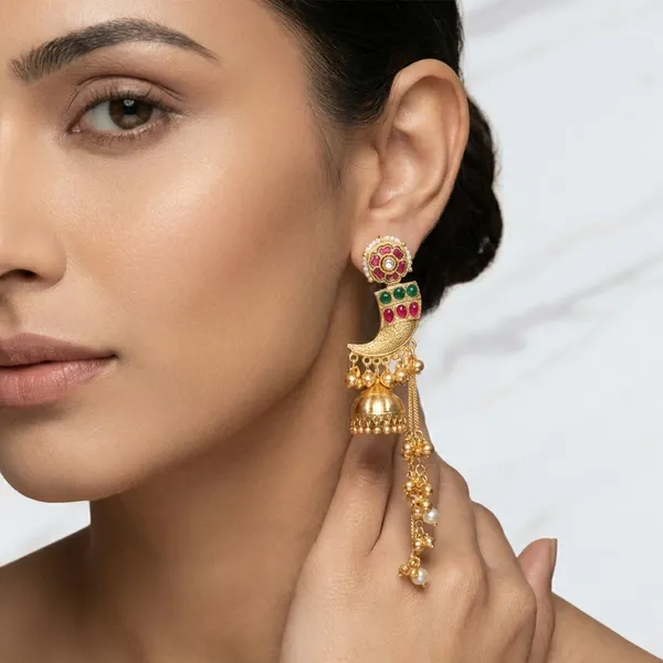 Gold_And_White_Traditional_Toned_Peacock_Jhumka_Earrings_With_Meenakari_Work_Pearl_Chains_For_Women