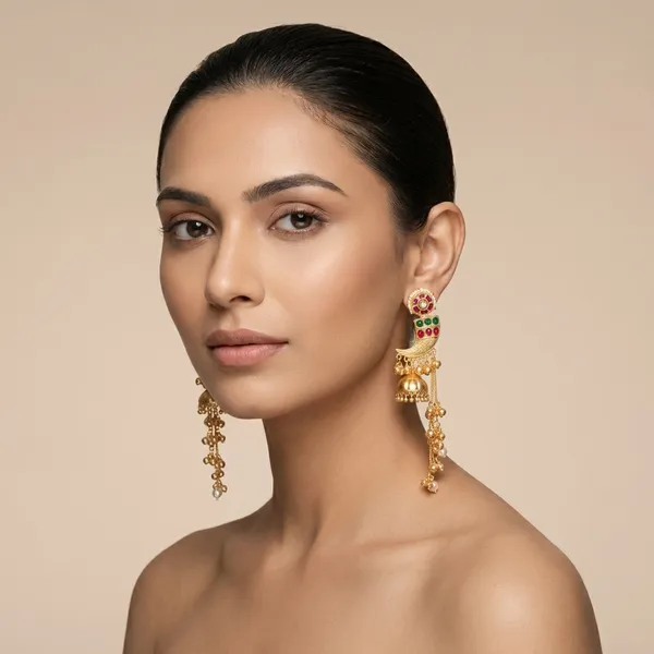 Gold_And_White_Traditional_Toned_Peacock_Jhumka_Earrings_With_Meenakari_Work_Pearl_Chains_For_Women