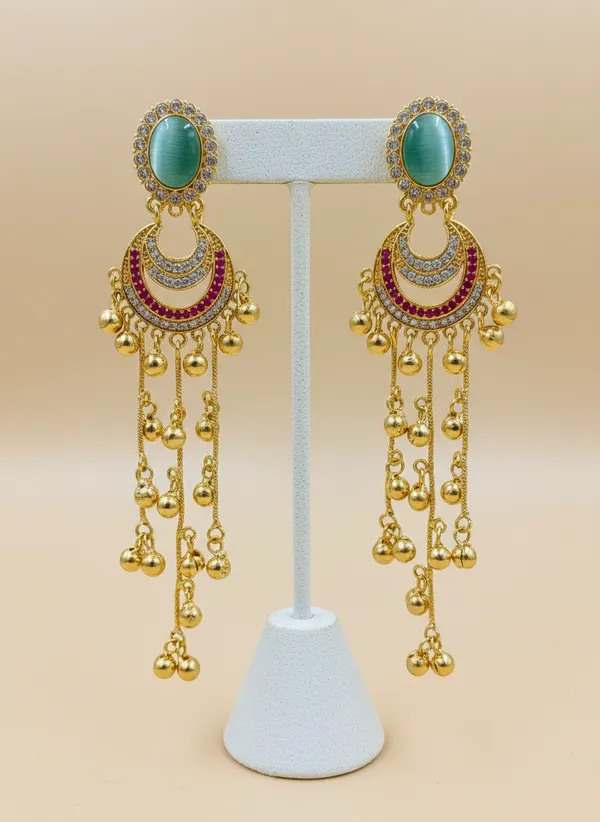 Green_And_Gold_Elegant_Turkish_Style_Dangling_Earrings_With_Stone_Golden_Bells_For_Women