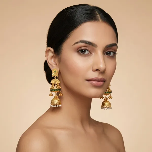 Green_And_Gold_Traditional_Plated_Heritage_Jhumka_Earrings_With_Stones_Pearl_Drops_Maharani_Collection_For_Women