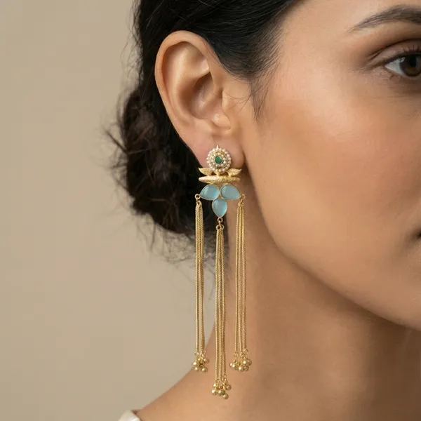 Turquoise_And_Gold_Heirloom_Lotus_Chandlaire_Earrings_Toned_With_Stones_For_Women