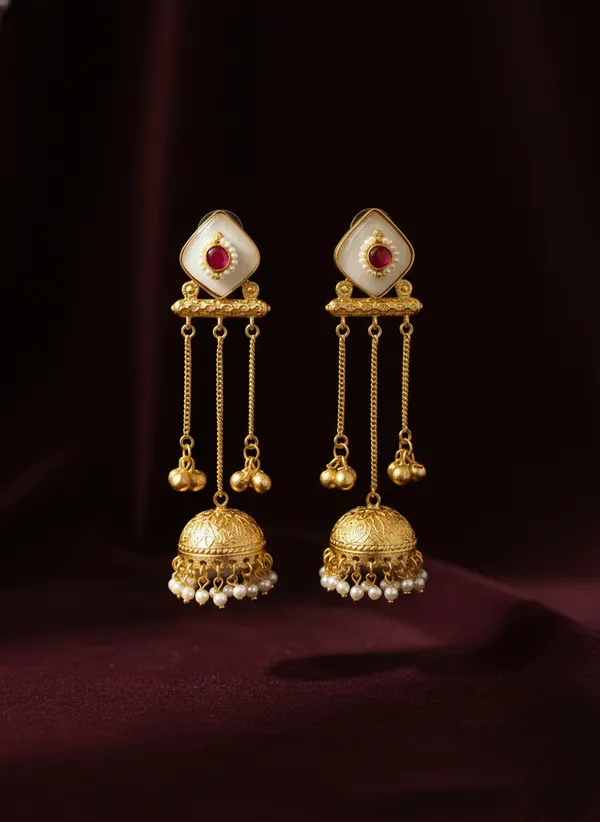 White_And_Gold_Traditional_Plated_Jhumka_Earrings_With_Stone_Pearl_Drops_For_Women