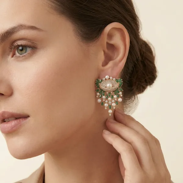 Green_And_White_Elegant_Pearl_Emerald_Eye_Shaped_Chandelier_Earrings_For_Women