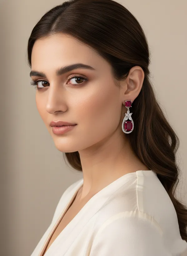 Ruby_Red_And_Silver_Elegant_Crystal_Drop_Earrings_With_Tone_Detailing_For_Women