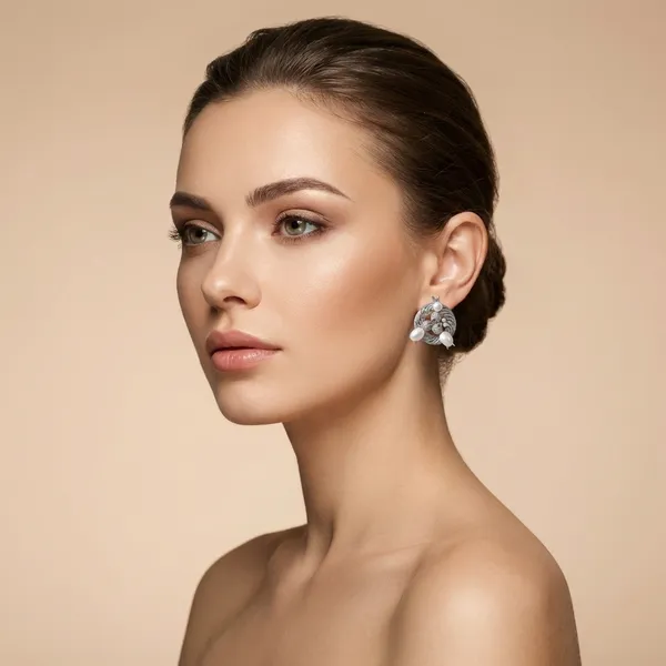 Silver_And_White_Elegant_Pearl_Crystal_Floral_Stud_Earrings_With_Oxidized_Finish_For_Women