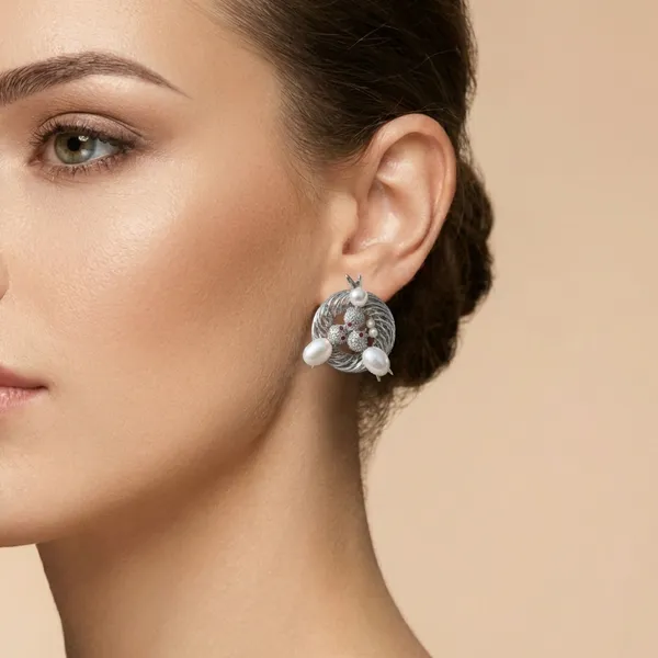 Silver_And_White_Elegant_Pearl_Crystal_Floral_Stud_Earrings_With_Oxidized_Finish_For_Women