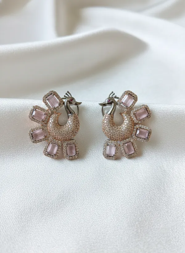 Pink_And_Gold_Elegant_Crystal_Peacock_Stud_Earrings_For_Women