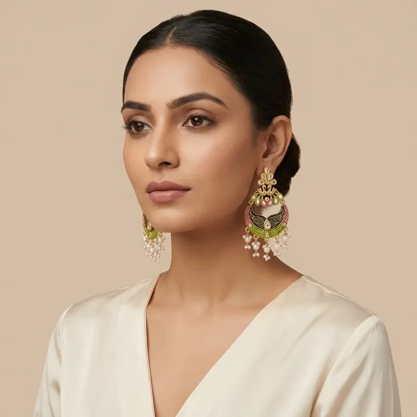 Gold_And_White_Traditional_Enamel_Crescent_Chandbali_Earrings_With_Pearl_Drops_For_Women