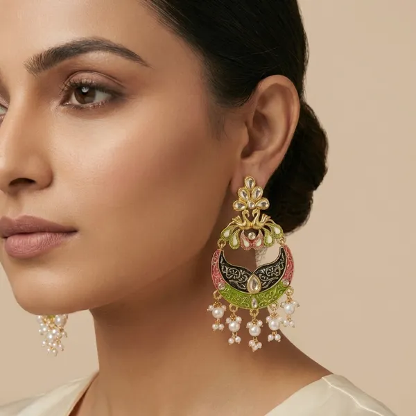Gold_And_White_Traditional_Enamel_Crescent_Chandbali_Earrings_With_Pearl_Drops_For_Women