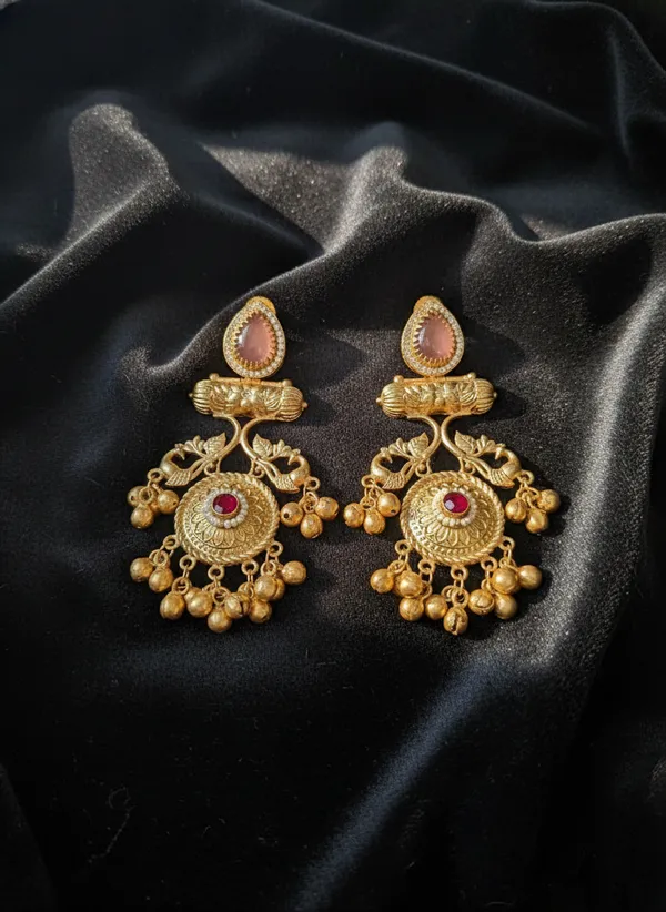 Pink_And_Gold_Traditional_Toned_Peacock_Chandbali_Earrings_With_Stone_Golden_Bead_Drops_For_Women