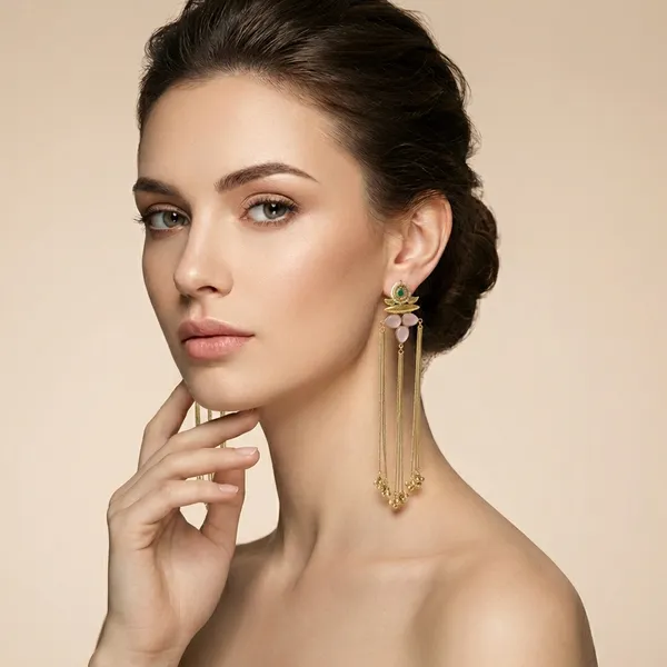 Pink_And_Green_Gold_Elegant_Plated_Tassel_Earrings_With_Stone_Embellishments_For_Women