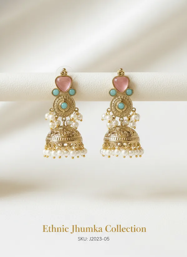 Pink_And_Turquoise_Ethnic_Jhumka_Collection_Stone_Traditional_Gold_Toned_Earrings_With_Pearl_Dangles_For_Women
