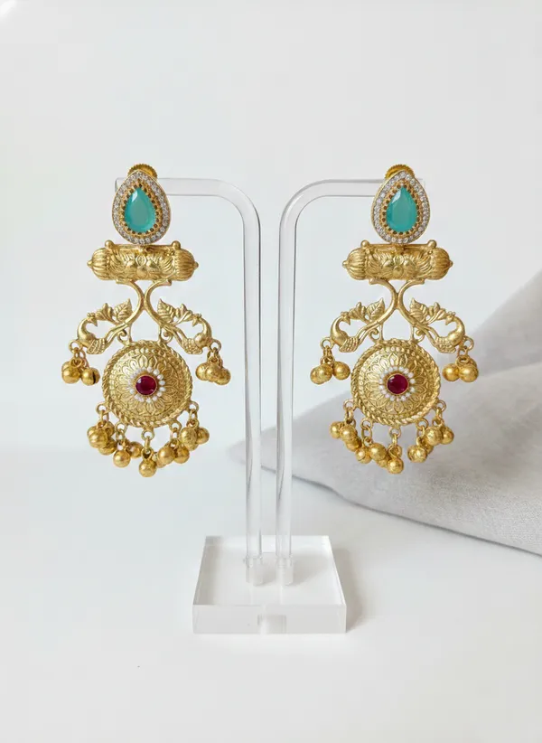 Turquoise_And_Gold_Traditional_Toned_Temple_Earrings_With_Stone_Ghungroo_Danglers_For_Women