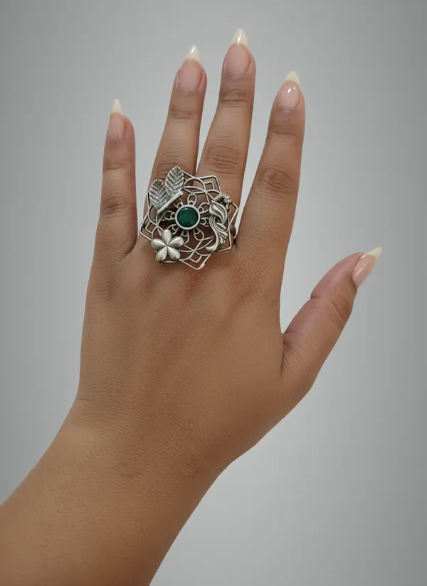 Green_And_Silver_Oxidized_Statement_Ring_With_Stone_Ethnic_Floral_Design_For_Women