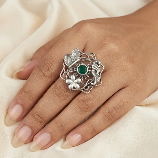 Green_And_Silver_Oxidized_Statement_Ring_With_Stone_Ethnic_Floral_Design_For_Women