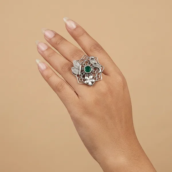 Green_And_Silver_Oxidized_Statement_Ring_With_Stone_Ethnic_Floral_Design_For_Women