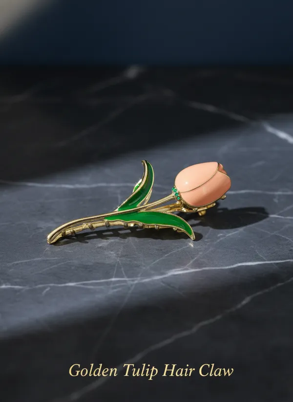 Gold_And_Peach_Golden_Tulip_Hair_Claw_With_Enamel_Flower_Design_For_Women