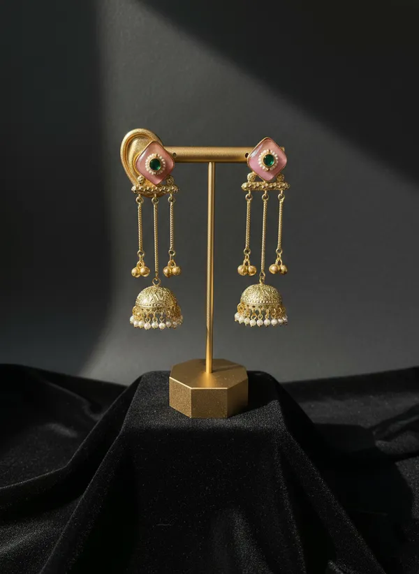 Pink_And_Gold_Floral_Enamel_Jhumka_Earrings_With_Chain_Detailing_For_Women