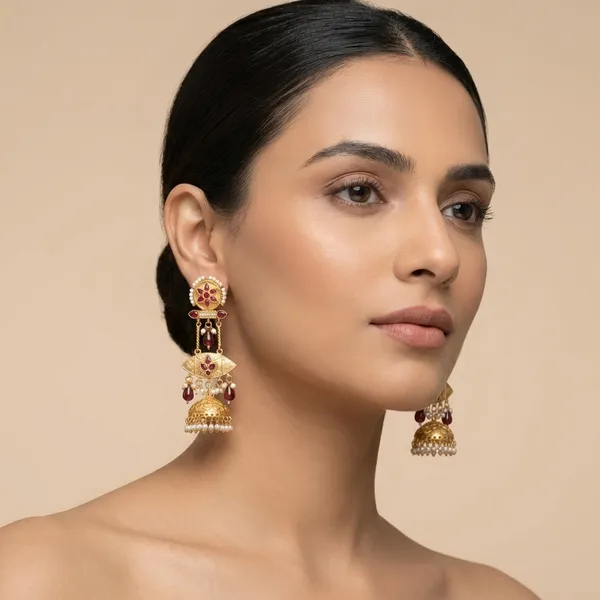 Red_And_Gold_Traditional_Toned_Kundan_Jhumka_Earrings_With_Stones_Pearl_Detailing_For_Women