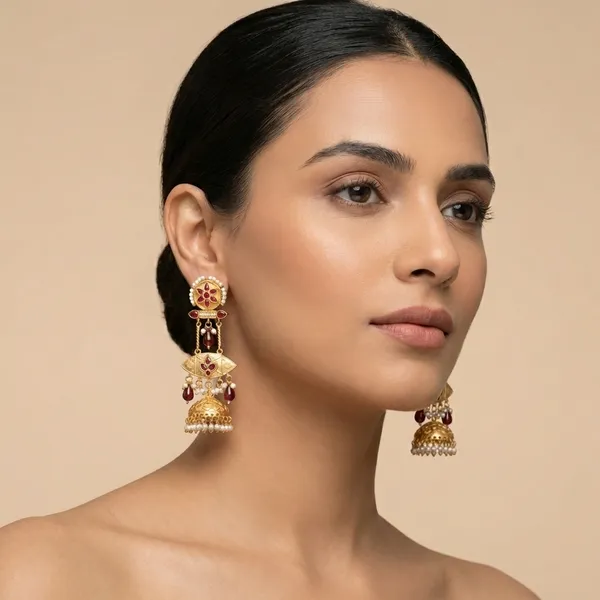 Red_And_Gold_Traditional_Toned_Kundan_Jhumka_Earrings_With_Stones_Pearl_Detailing_For_Women