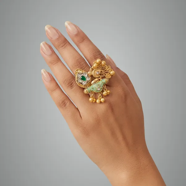 Turquoise_And_Gold_Traditional_Toned_Peacock_Motif_Adjustable_Statement_Ring_With_Stones_For_Women